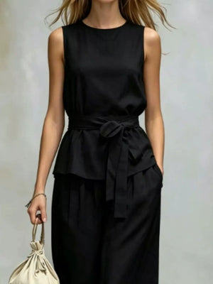 Sleeveless Top And Wide-leg Pants Set in Navy Blue with pocketed