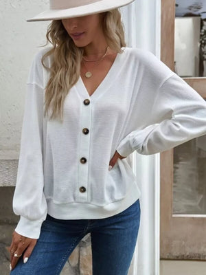 Army Green Casual V-neck Waffle Long Sleeve Top