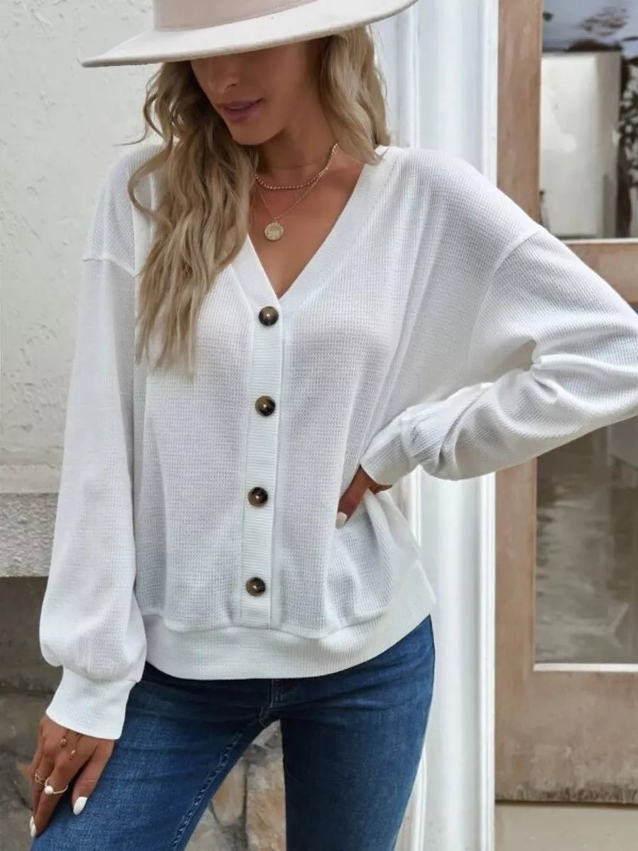 Army Green Casual V-neck Waffle Long Sleeve Top