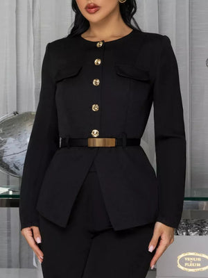 black pants set with belted and long sleeve