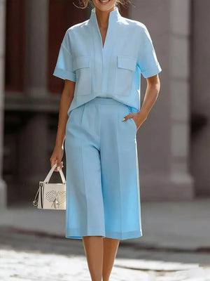 Light blue two-piece set with pocketed top and wide-leg pants
