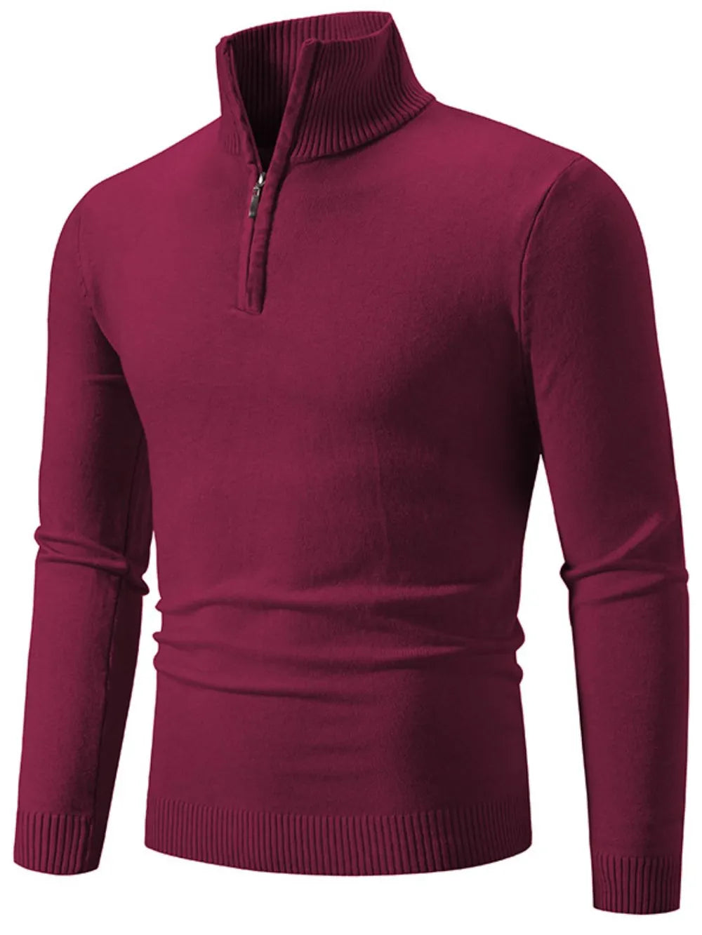 Burgundy slim fit quarter zip sweater with ribbed collar and cuffs