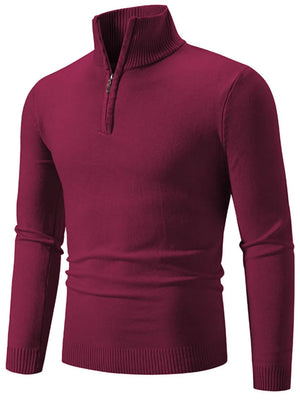 Burgundy slim fit quarter zip sweater with ribbed collar and cuffs