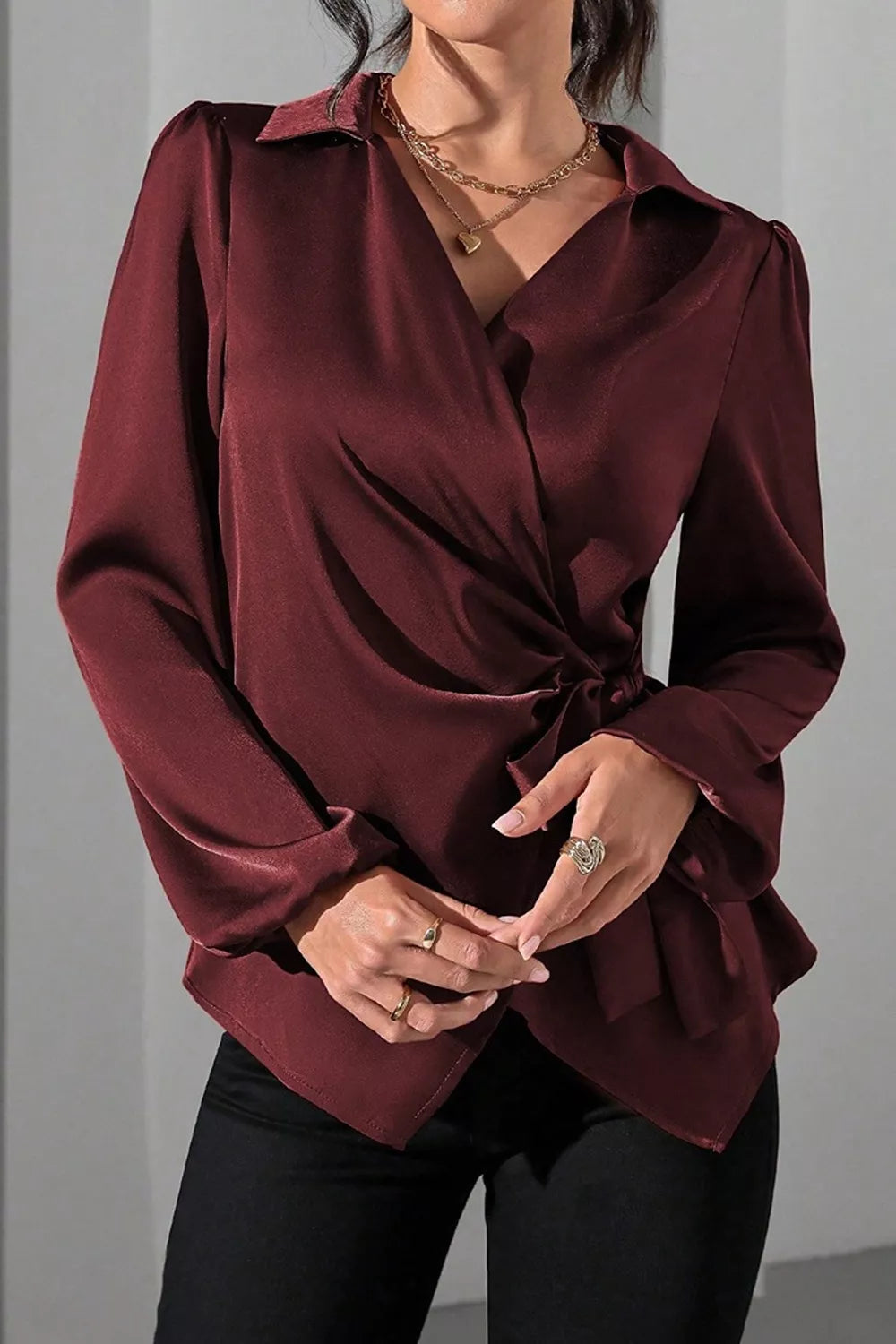 Satin Tied Detail Long Sleeve Blouse in Burgundy with tied waist