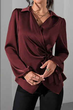 Satin Tied Detail Long Sleeve Blouse in Burgundy with tied waist