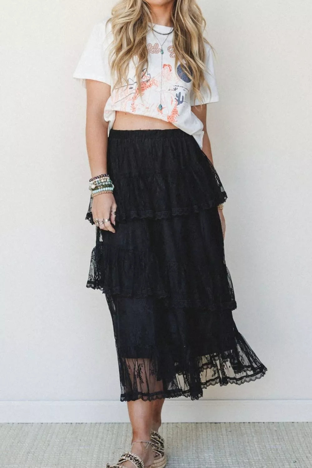Black Elegant Ruffle Lace Tiered Skirt