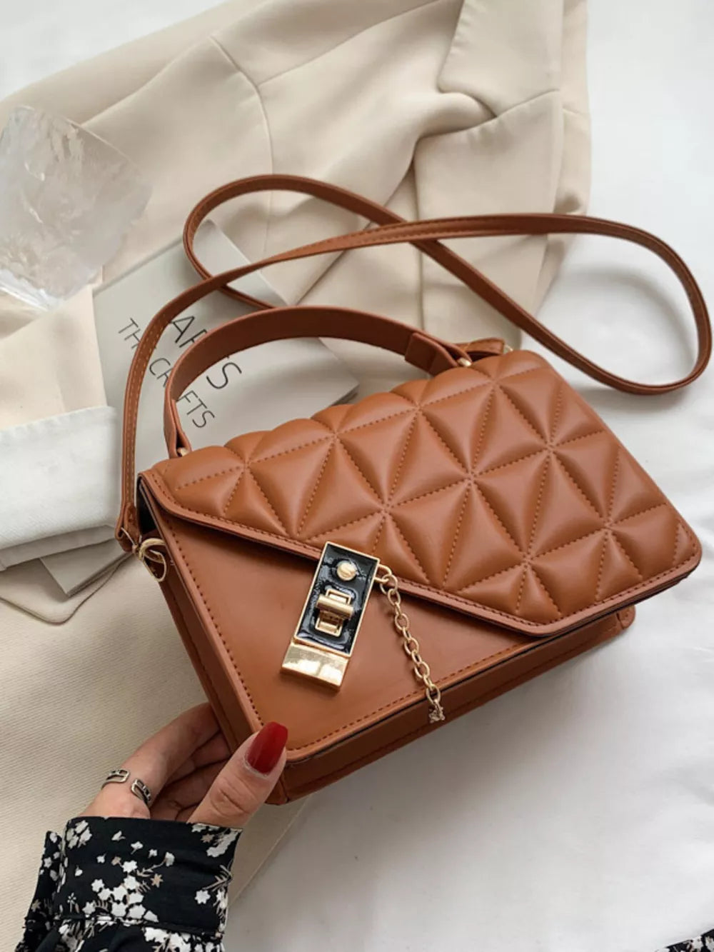 Caramel diamond quilted PU leather crossbody bag with gold chain detail