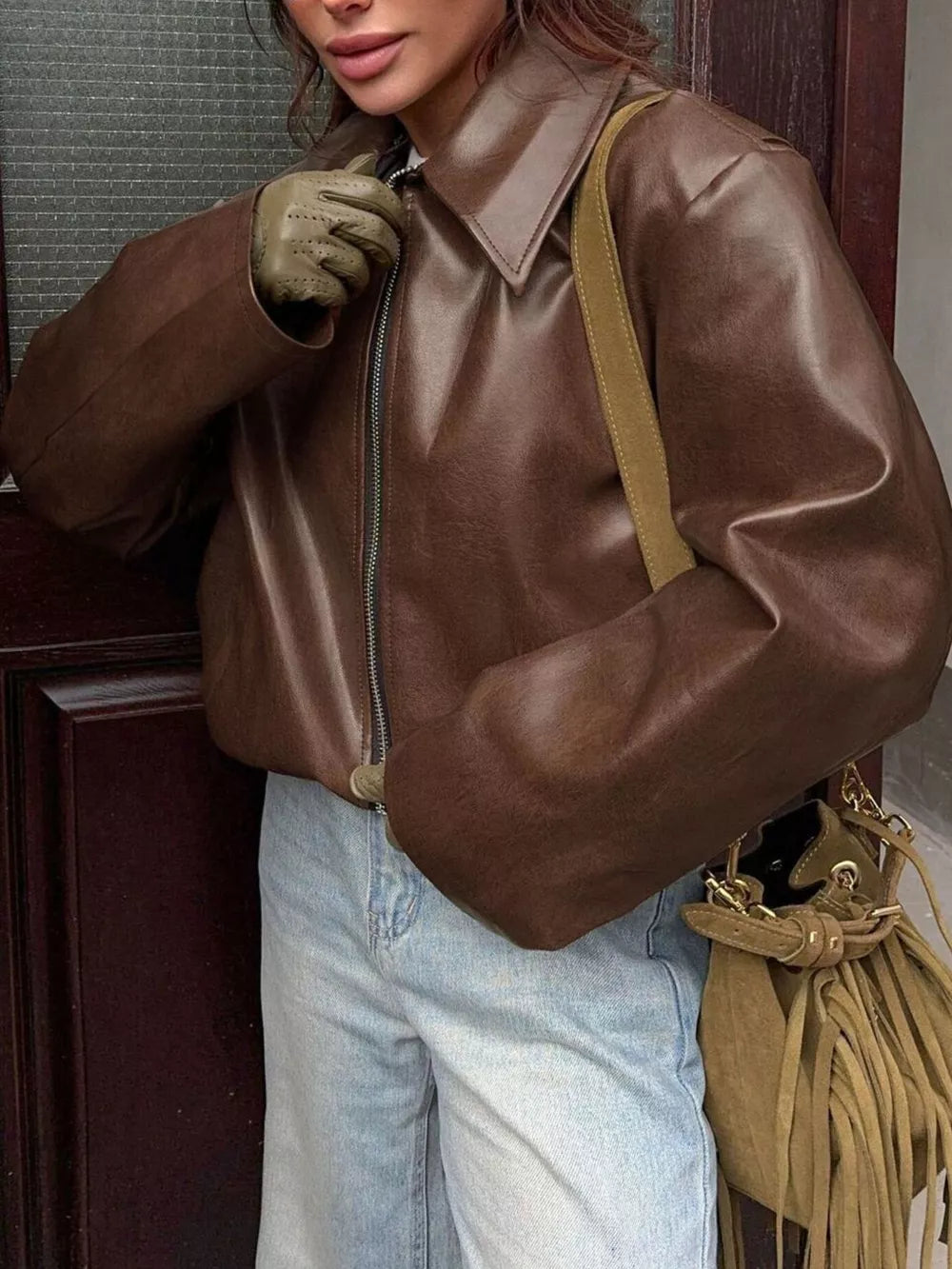 edgy bomber jacket in Burgundy with collared