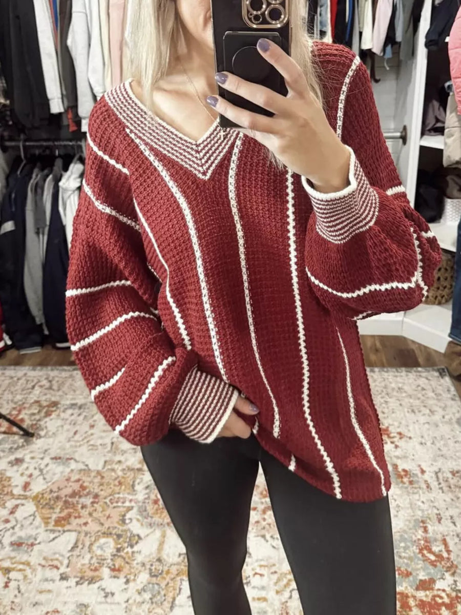 V-neck Striped Contrast Sweater in Dark Brown