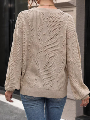 Khaki openwork dropped shoulder knit sweater with diamond pattern and balloon sleeves.