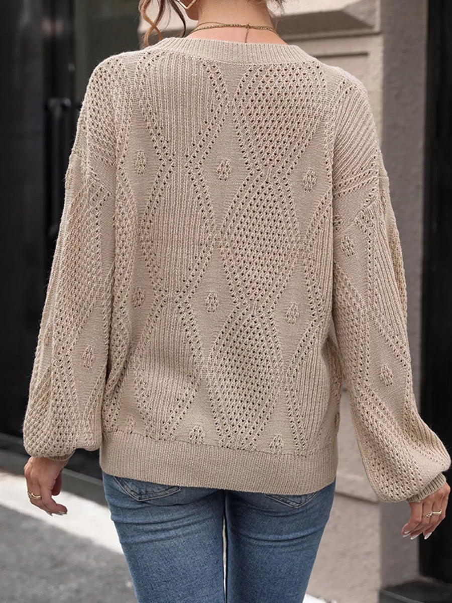 Khaki openwork dropped shoulder knit sweater with diamond pattern and balloon sleeves.
