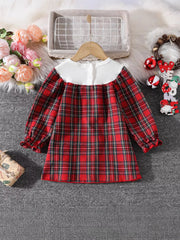 Baby girl's red plaid long-sleeve cotton dress with white ribbed neckline and ruffled cuffs.