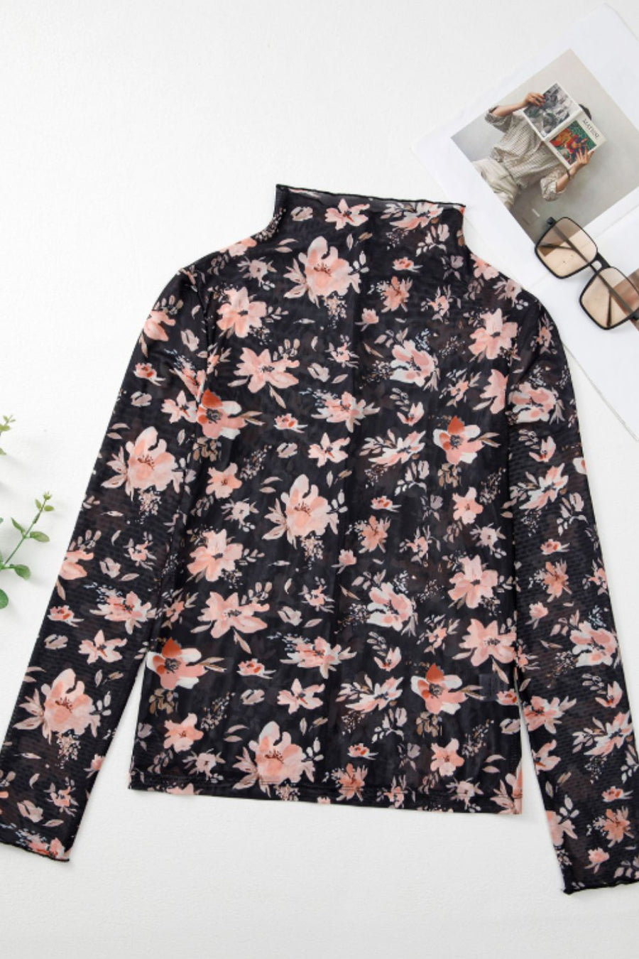 Black sheer floral mock neck blouse with long sleeves