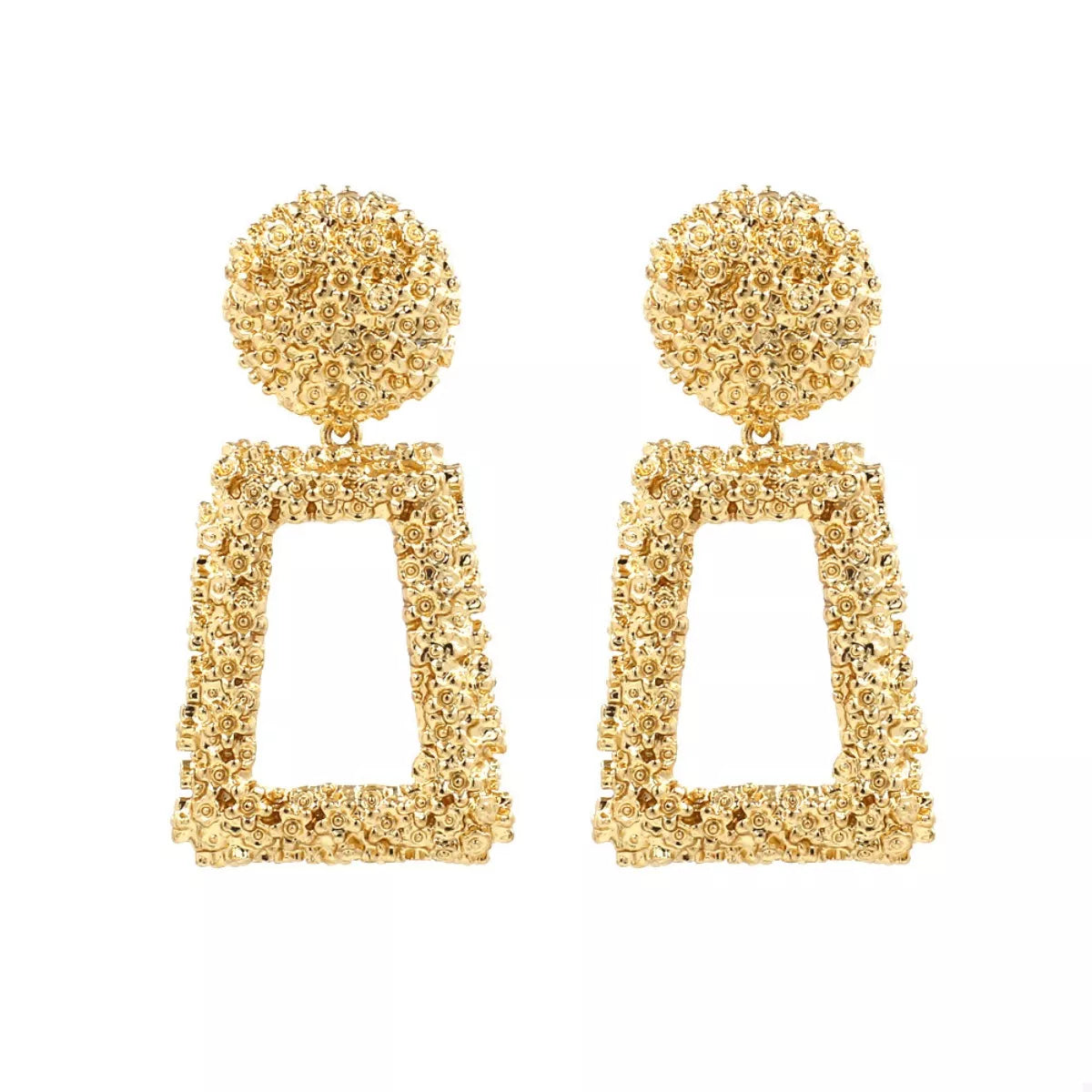 Gold geometric dangle earrings with textured finish