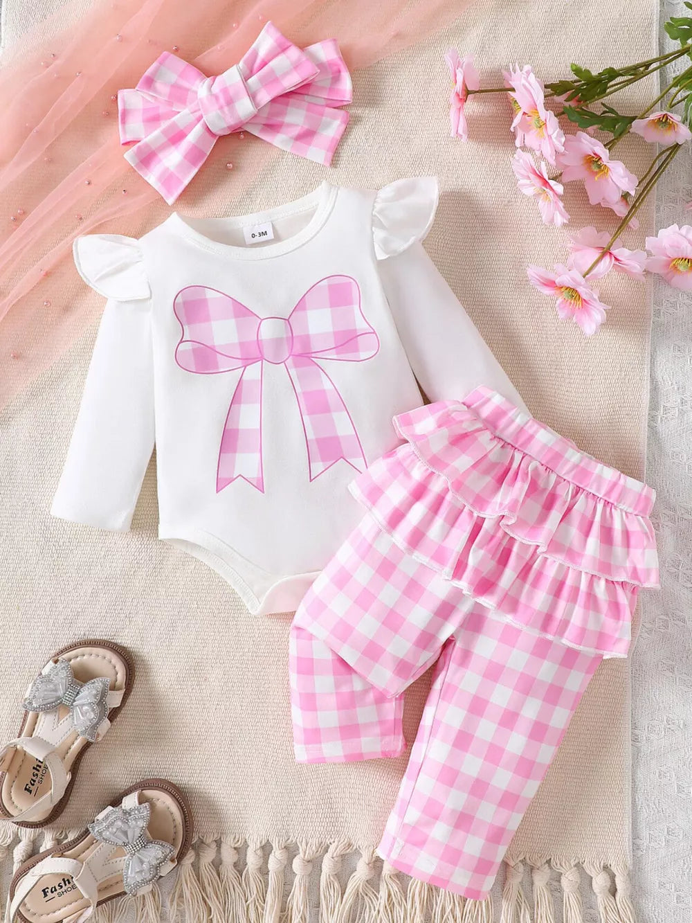 Pink with Children's Ruffled Bow Bodysuit And Pants Set in Pink