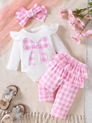 Pink with Children's Ruffled Bow Bodysuit And Pants Set in Pink