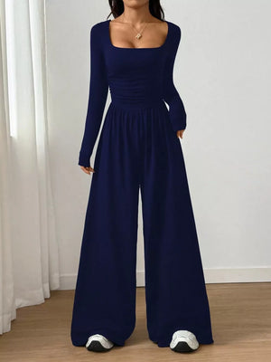 Ruched Square Neck Wide-leg Jumpsuit in Dark Blue