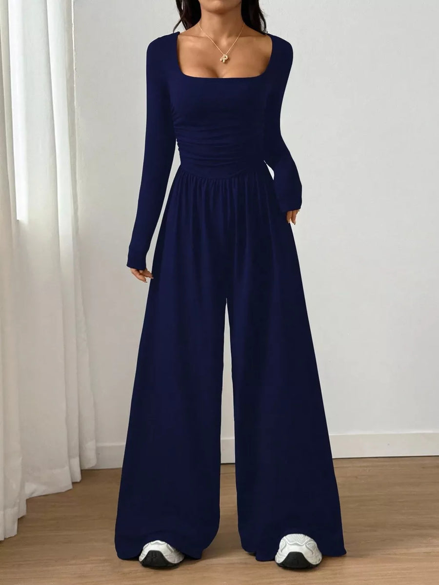 Ruched Square Neck Wide-leg Jumpsuit in Dark Blue