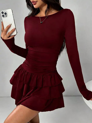Ruched Long Sleeve Layered Ruffle Mini Dress in Red, view 17