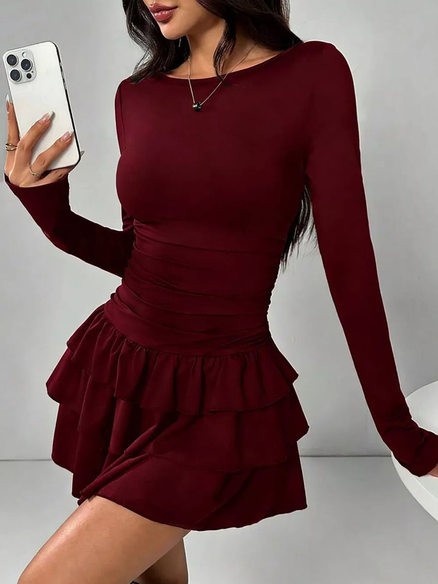 Ruched Long Sleeve Layered Ruffle Mini Dress in Red, view 17