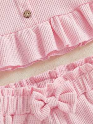 Pink waffle knit tank with ruffled hem and bow shorts set for baby girls.