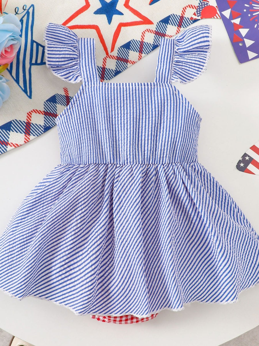 Baby dress with blue and white stripes, ruffled sleeves, and a red gingham bloomer.