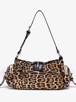 tan shoulder bag with zip and leopard-print