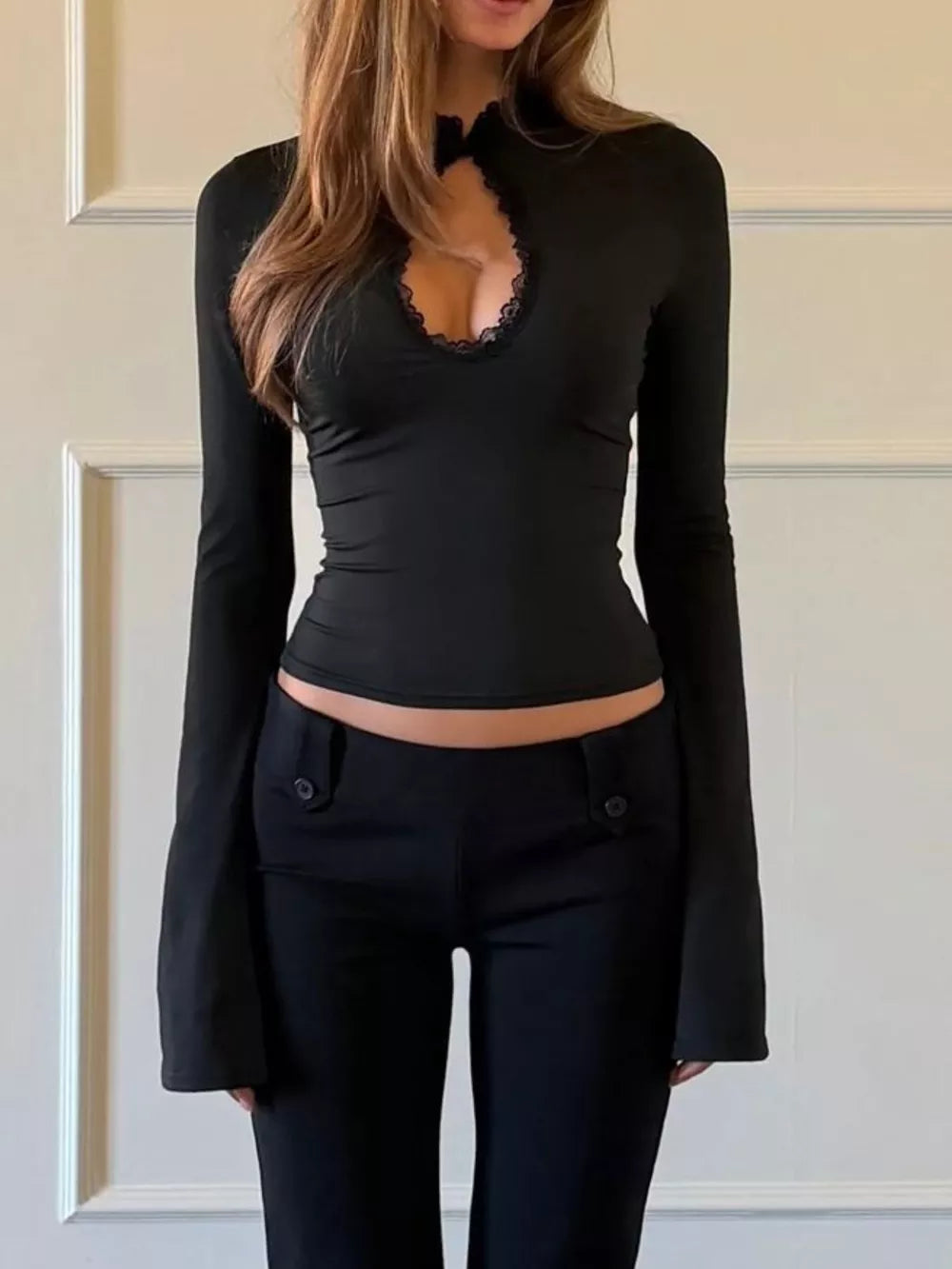 Coffee Brown t-shirt with lace detail and bell sleeve