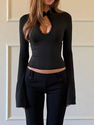 Coffee Brown t-shirt with lace detail and bell sleeve