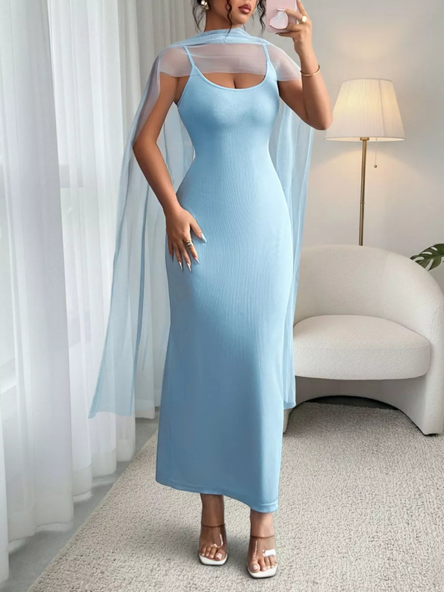 Light blue ribbed bodycon maxi dress with sheer overlay cape detail.
