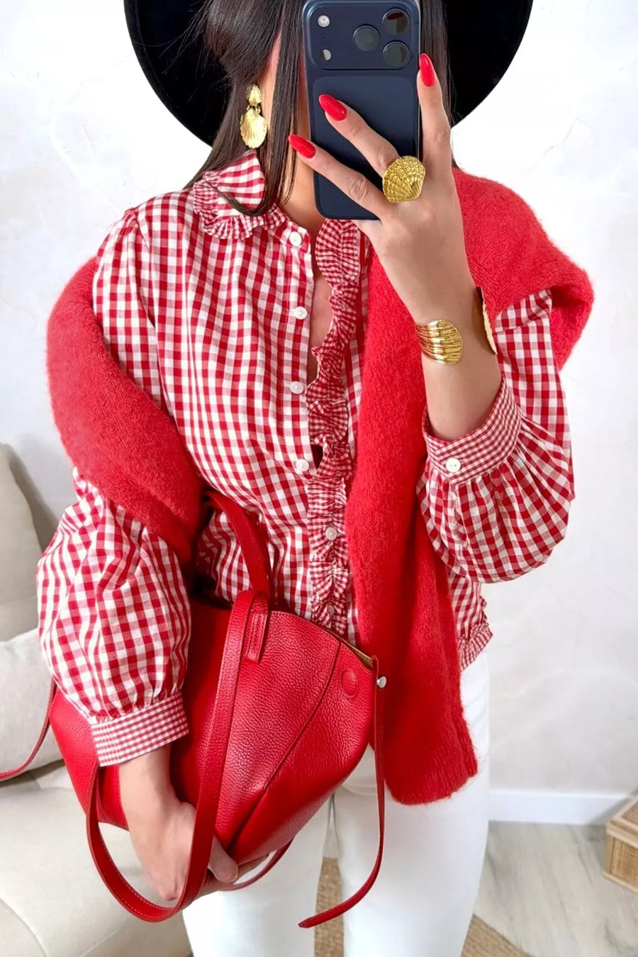 Plaid Long Sleeve Button Down Frill Shirt option 4
