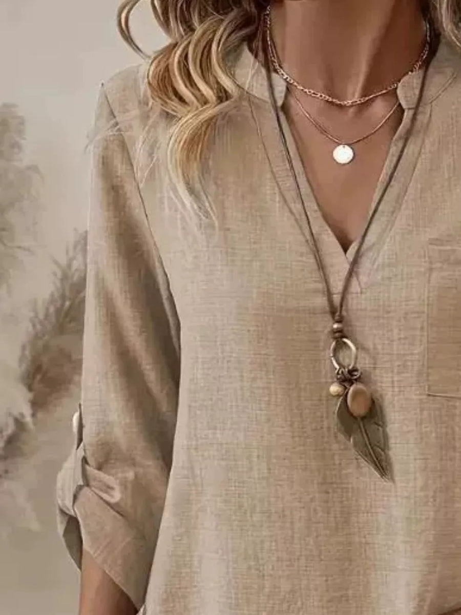 Casual V-neck Roll-sleeve T-shirt With Pocket in Floral Gray