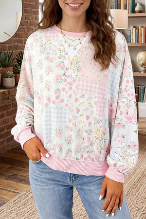 Blush Pink Twisted Ribbed Trim Floral Print Sweatshirt