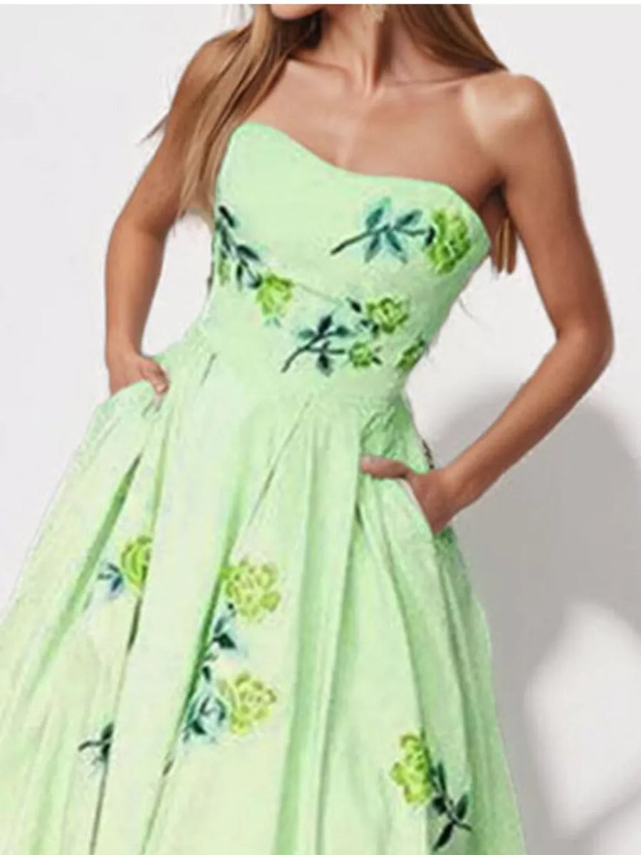 Light Green floral print tube maxi dress with pockets.