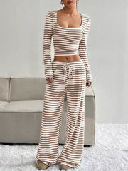 Striped crop top and wide-leg pants loungewear set with drawstring waist.