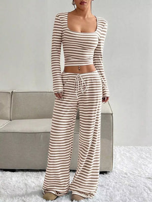 Striped crop top and wide-leg pants loungewear set with drawstring waist.