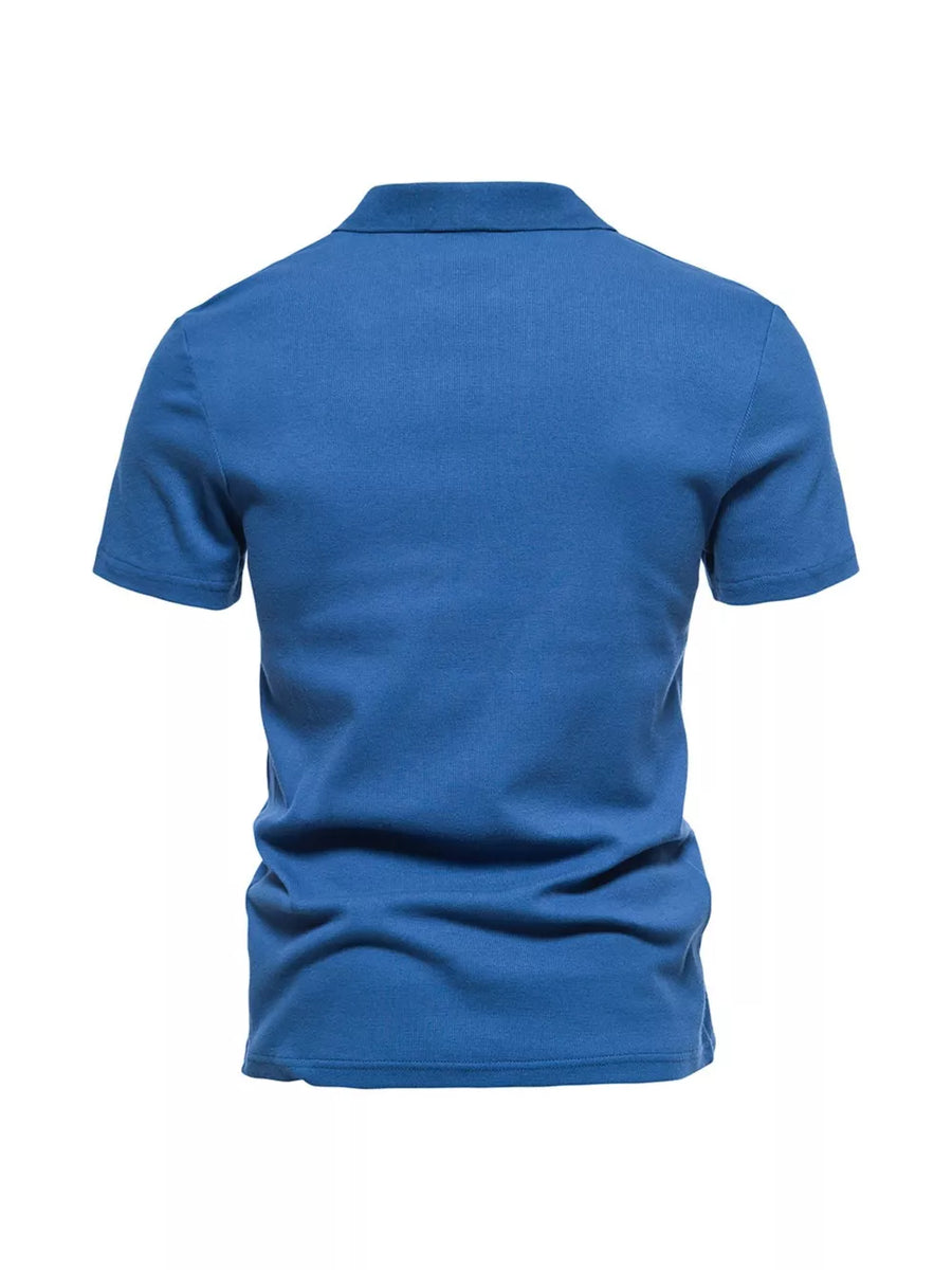 Men's blue cotton blend polo shirt with notched collar and short sleeves.