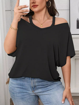 Plus-size black cold shoulder t-shirt with V-neck and short sleeves.