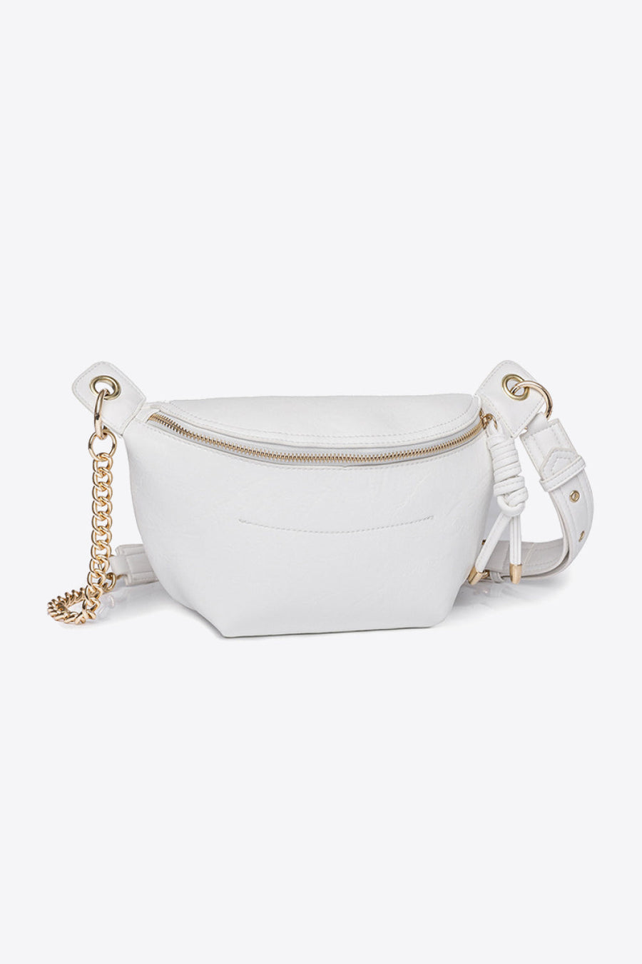 White crossbody bag with gold chain detail and zip closure
