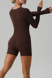 Brown long sleeve unitard with thumbholes and square neckline.