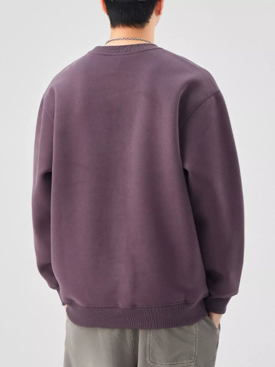 Plus-size long-sleeve sweatshirt in purple with crewneck and ribbed cuffs and hem.