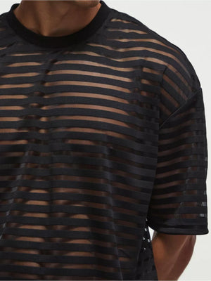 Men's black sheer striped round neck t-shirt with short sleeves.