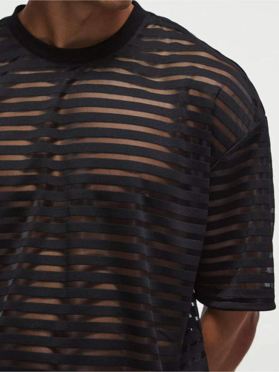 Men's black sheer striped round neck t-shirt with short sleeves.