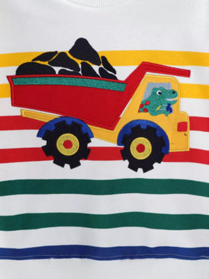 White kids sweatshirt with colorful stripes and a playful truck applique featuring a dinosaur driver.