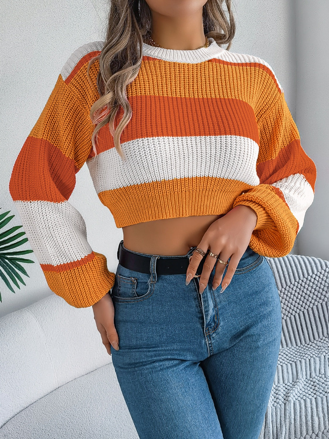 Tangerine balloon sleeve crop knit sweater