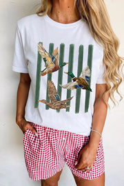 white t-shirt with graphic print and round neck