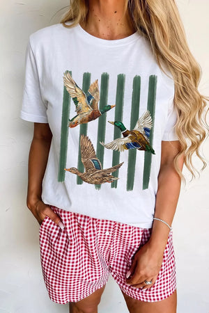 white t-shirt with graphic print and round neck