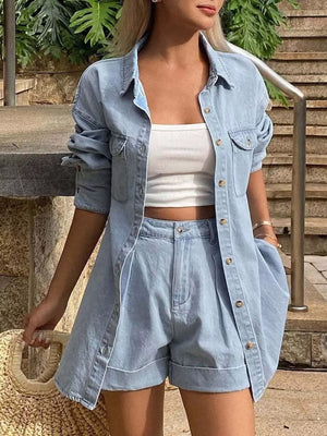 Light blue denim button-up shirt and shorts set with white trim, styled with a white crop top.