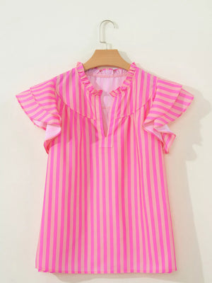 Vibrant pink and peach striped blouse with ruffled neckline and cap sleeves.