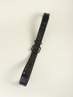 Black vegan leather belt with double row of grommets and silver buckle